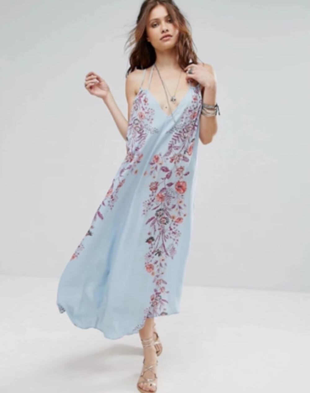 Free People Intimately Ashbury Printed Midi Slip Dress Blue Floral Size Small
